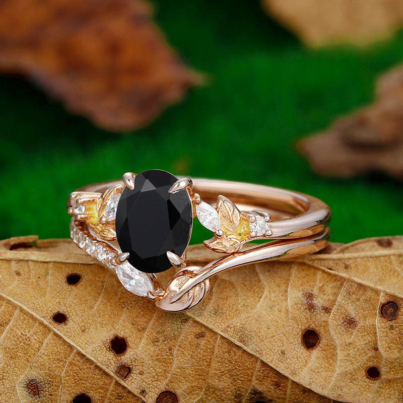 1.5 CT Oval Cut Art Deco Natural Leaf Design Cluster Black Onyx Engagement Ring Set - Esdomera