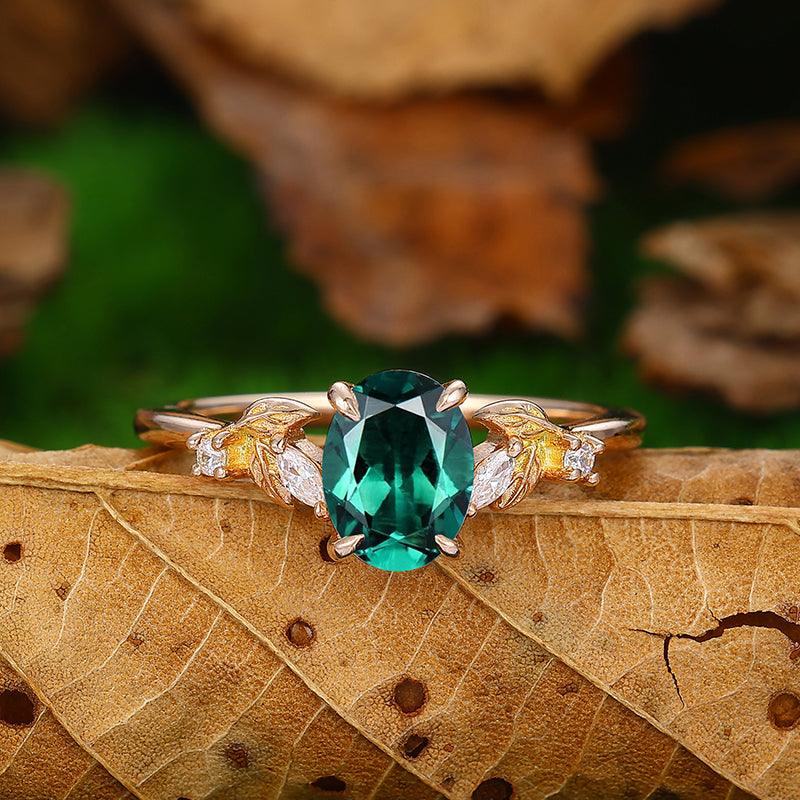 1.5 CT Oval Cut Cluster Leaf Curved 18k Rose Gold Emerald Ring May Birthstone - Esdomera