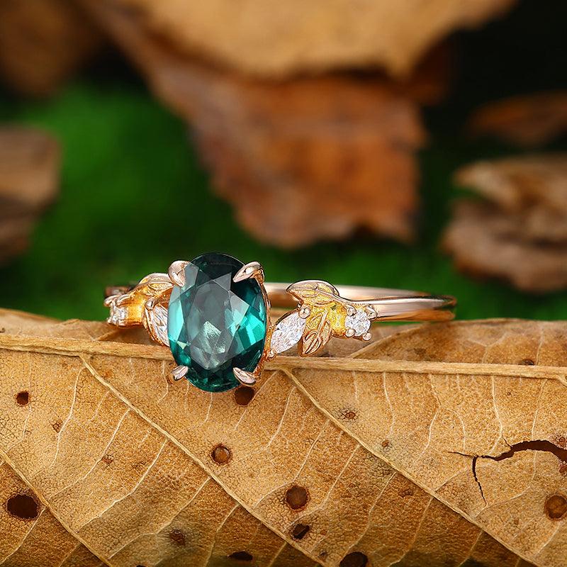1.5 CT Oval Cut Cluster Leaf Curved 18k Rose Gold Emerald Ring May Birthstone - Esdomera