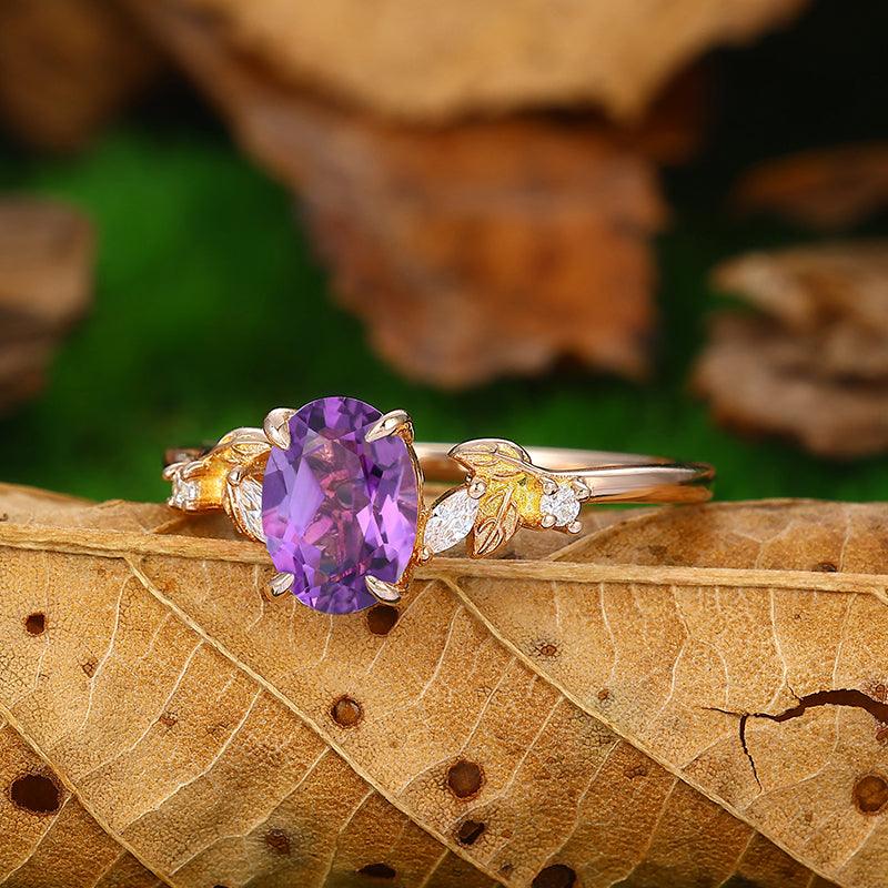 1.5 CT Oval Cut Cluster Leaf Curved Sliver Natural Amethyst Engagement Ring - Esdomera
