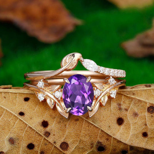 1.5 CT Oval Cut Natural Inspired Art Deco Leaf Design 18k Rose Gold Amethyst Engagement Ring Set - Esdomera