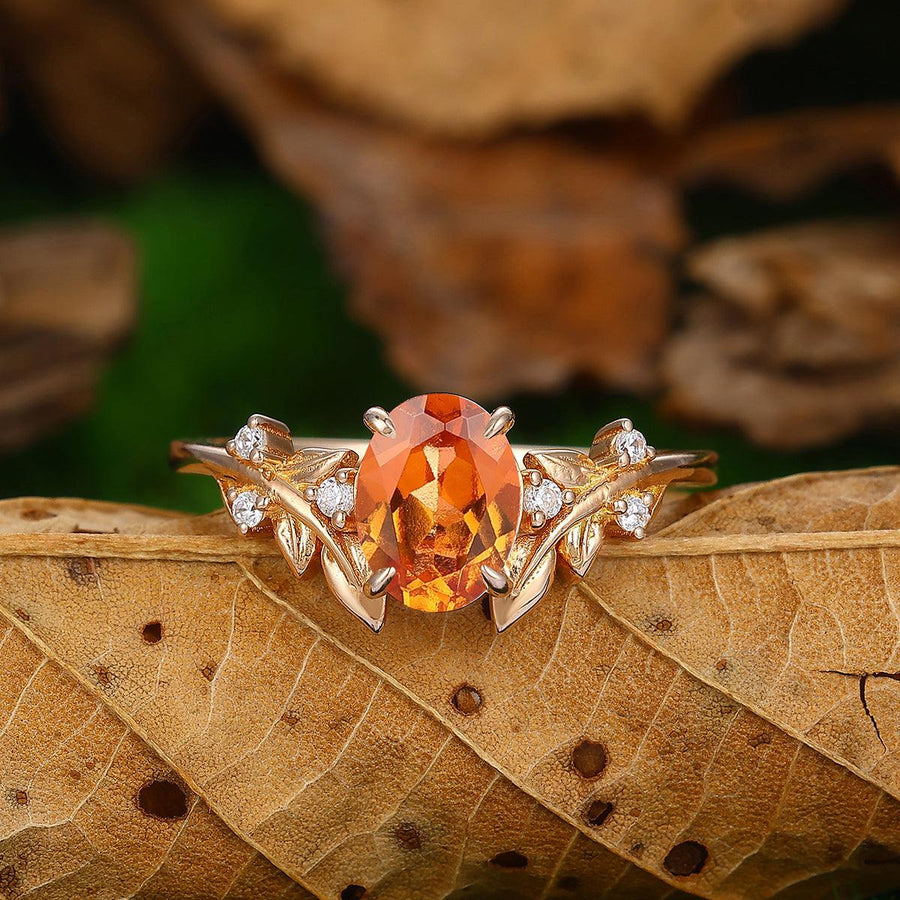 1.5 CT Oval Cut Natural Orange Garnet Leaf Diamond Ring - Esdomera