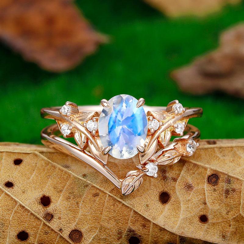 1.5 CT Oval Cut Nature Leaf Vines Art Deco Moonstone Gold Leaf Ring Set - Esdomera