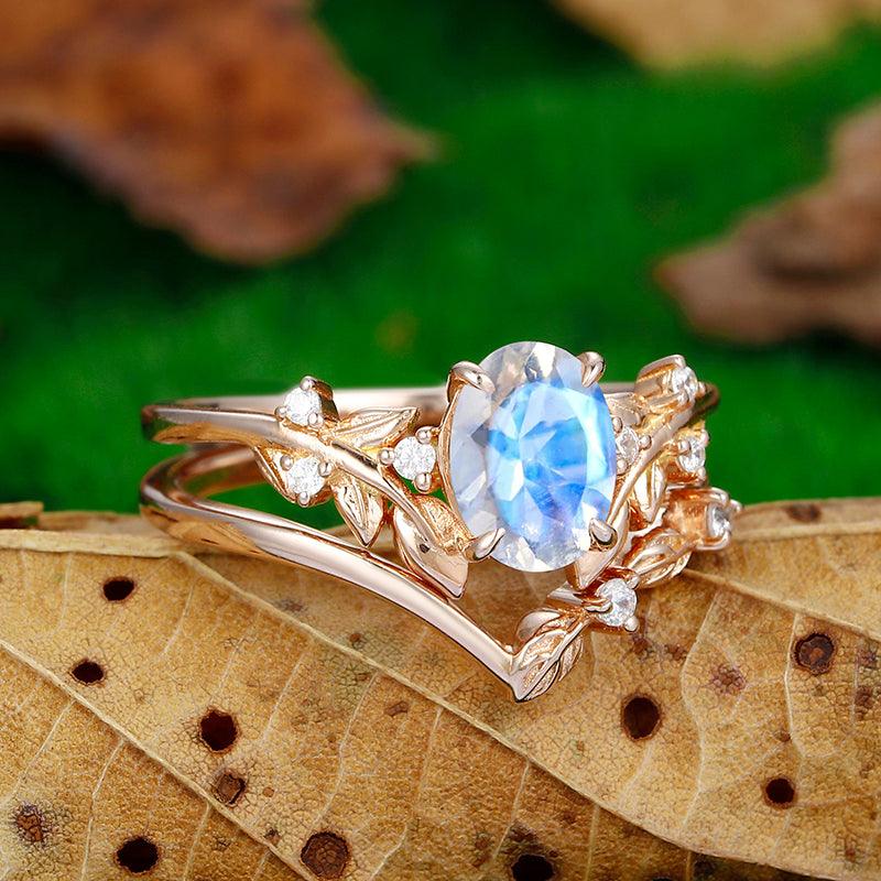 1.5 CT Oval Cut Nature Leaf Vines Art Deco Moonstone Gold Leaf Ring Set - Esdomera
