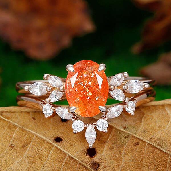 1.5 CT Oval Cut Nature Orange Sunstone Leaf Ring Set Eternity ring - Esdomera