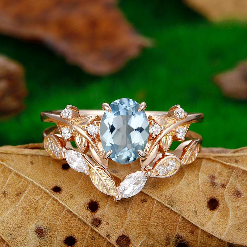 1.5 CT Oval Shaped 14k Gold Leaf stackable Vine Aqumarine Ring - Esdomera