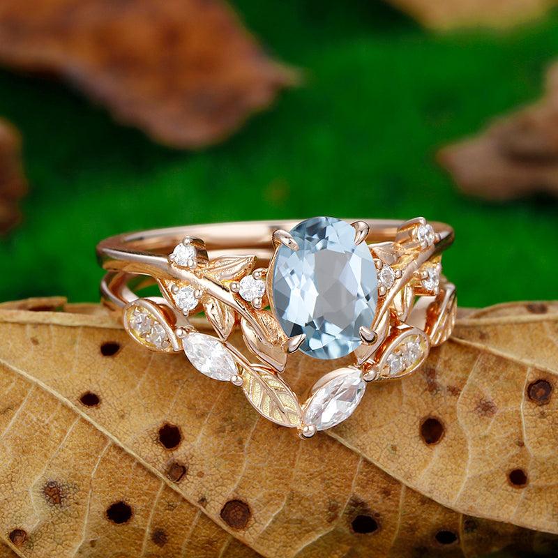 1.5 CT Oval Shaped 14k Gold Leaf stackable Vine Aqumarine Ring - Esdomera