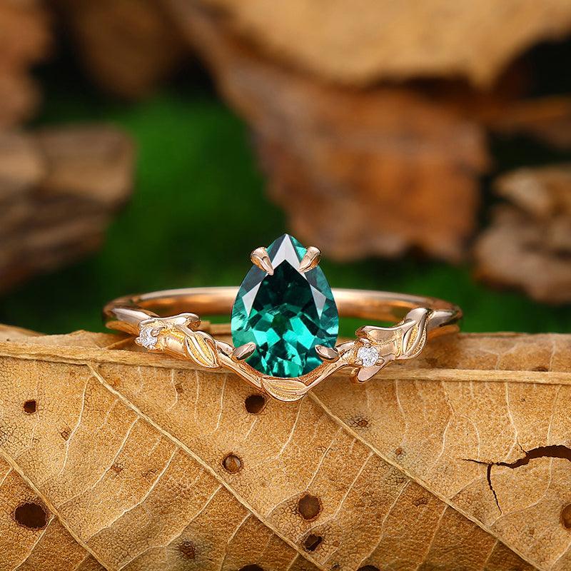 Pear Colombian Emerald Yellow Gold Leaf Twig Branch Simulated Diamond popular Engagement Ring Pear Shape Lab Emerald Halo Wedding Promise Ring