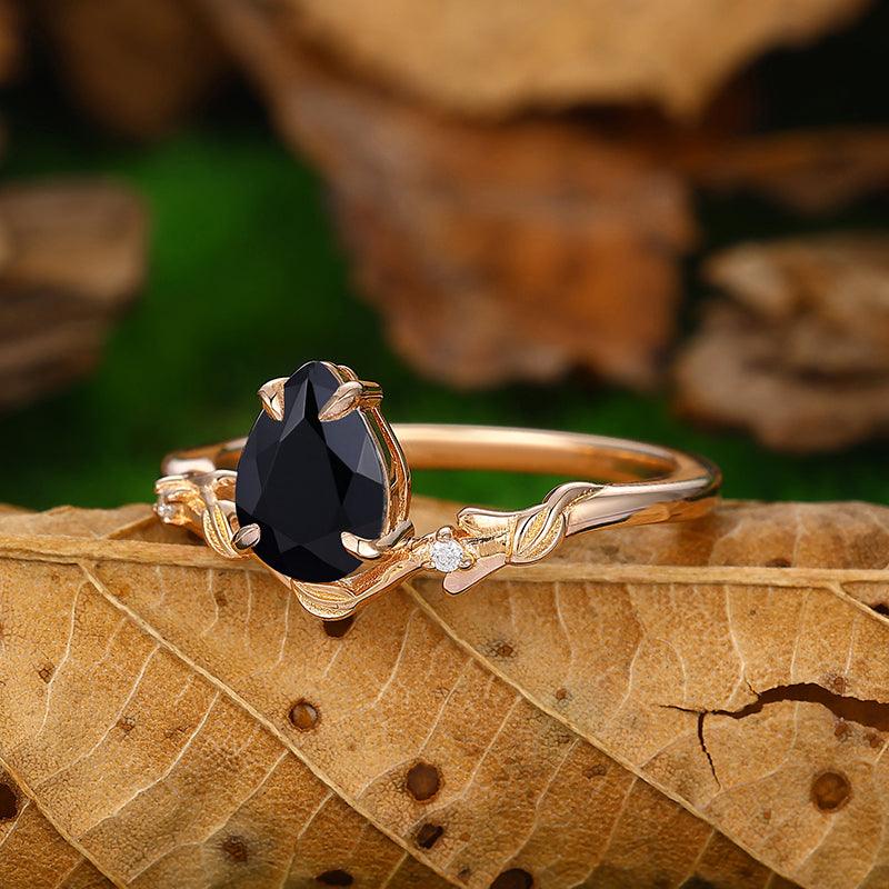 1.5 CT Pear Cut Natural Black Onyx Minimalist twig and leaf Ring - Esdomera