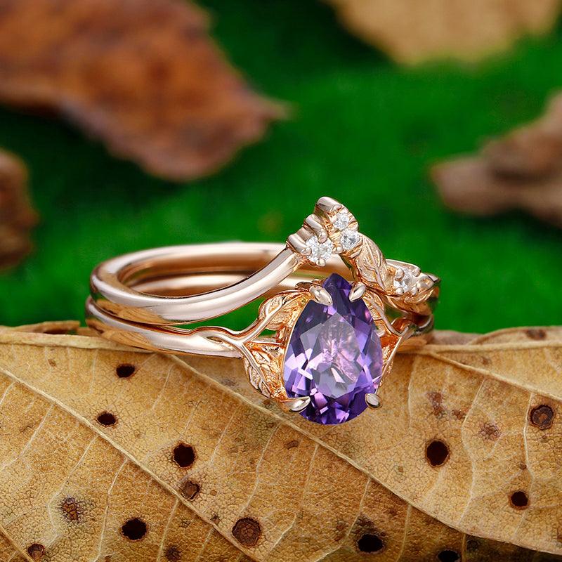 1.5 CT Pear Cut Nature Inspired Leaf Design Purple Amethyst Bridal Ring - Esdomera