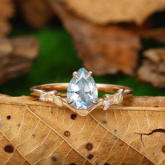 1.5 CT Pear Cut V Shaped Leaf Twig Aquamarine Promise Wedding Ring - Esdomera