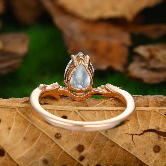 1.5 CT Pear Cut V Shaped Leaf Twig Aquamarine Promise Wedding Ring - Esdomera