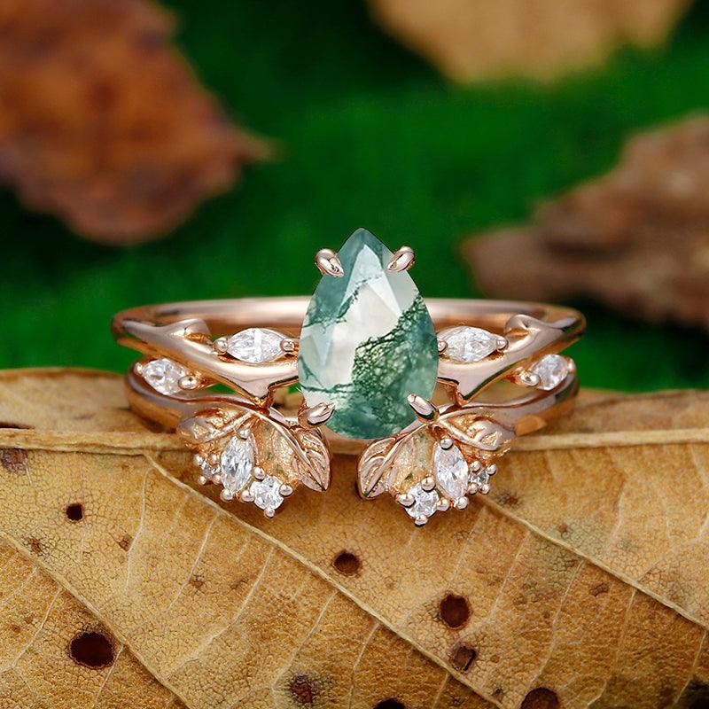 1.5 CT Pear Shaped Art Deco Leaf Branch Natural Moss Agate Ring - Esdomera