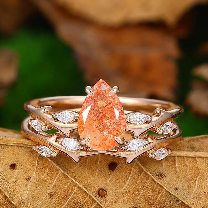 1.5 CT Pear Shaped Nature Orange Sunstone Rose Gold Marquise Moissanite Twig Branch Ring Set