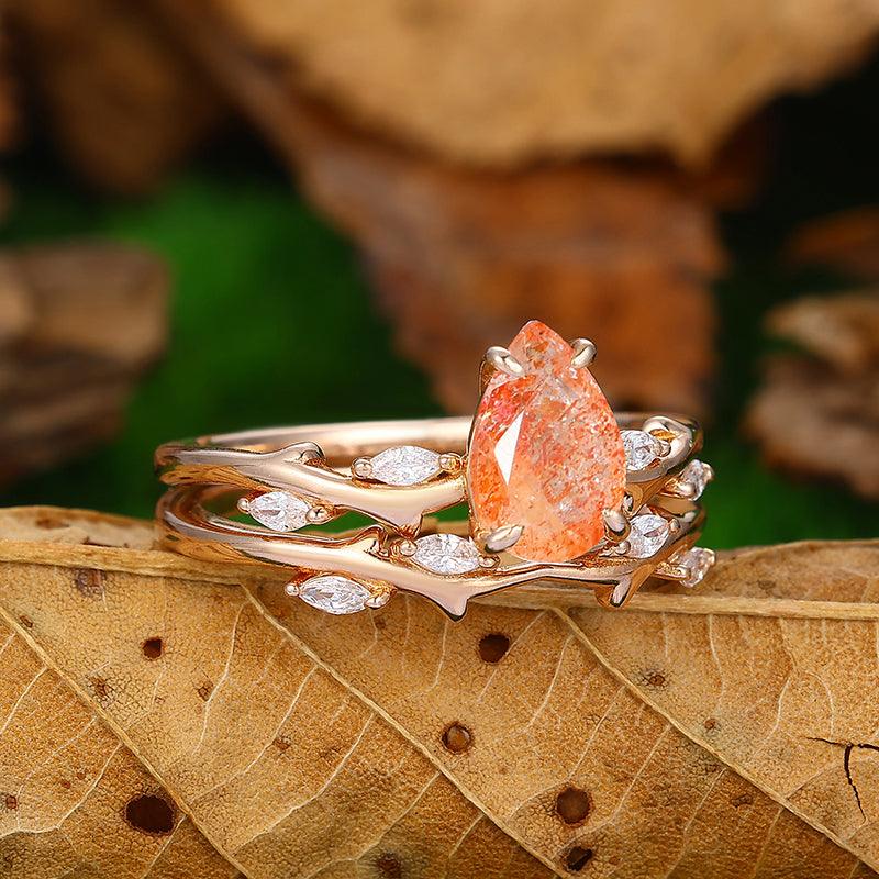 1.5 CT Pear Shaped Nature Orange Sunstone Rose Gold Marquise Moissanite Twig Branch Ring Set - Esdomera