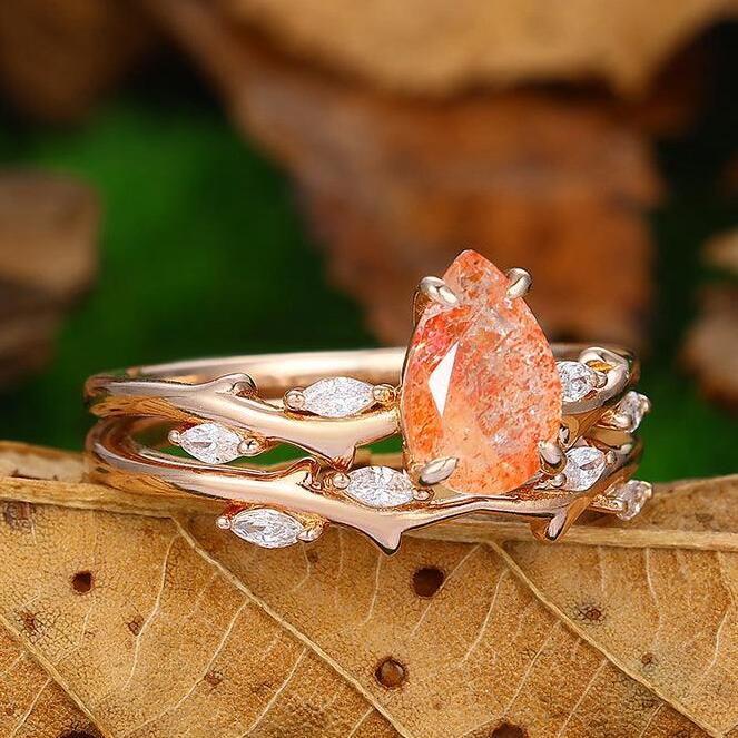 1.5 CT Pear Shaped Nature Orange Sunstone Rose Gold Marquise Moissanite Twig Branch Ring Set