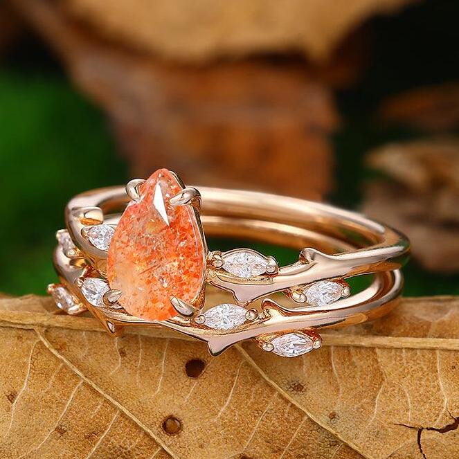 1.5 CT Pear Shaped Nature Orange Sunstone Rose Gold Marquise Moissanite Twig Branch Ring Set