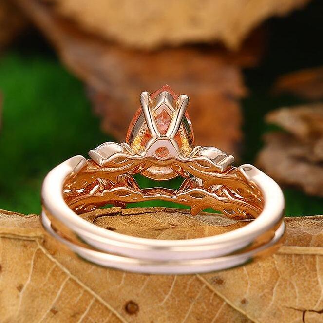 1.5 CT Pear Shaped Nature Orange Sunstone Rose Gold Marquise Moissanite Twig Branch Ring Set