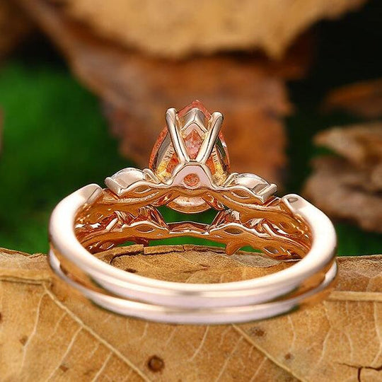 1.5 CT Pear Shaped Nature Orange Sunstone Rose Gold Marquise Moissanite Twig Branch Ring Set