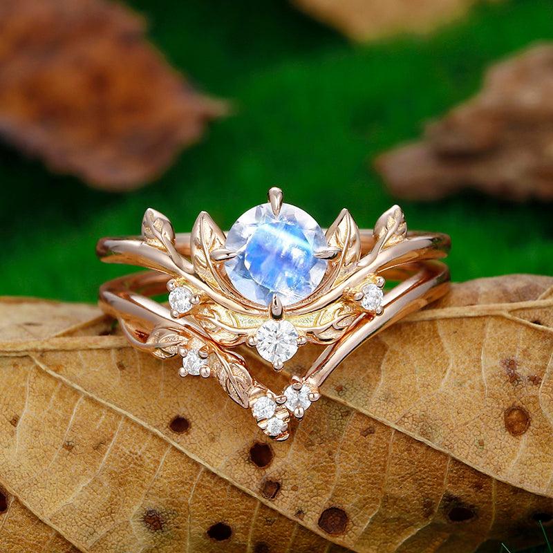 1.5 CT Round Shape Art Deco Leaf Vines Rose Gold Cluster Blue Moonstone Ring Set - Esdomera