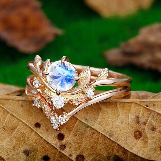 1.5 CT Round Shape Art Deco Leaf Vines Rose Gold Cluster Blue Moonstone Ring Set - Esdomera