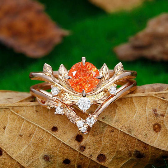 1.5 CTRound Cut Nature Inspired Orange Sunstone Leaf Twist Ring - Esdomera