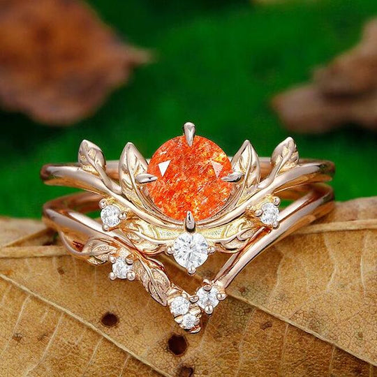 1.5 CTRound Cut Nature Inspired Orange Sunstone Leaf Twist  Ring