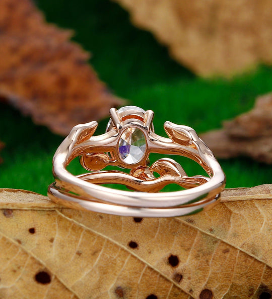 1.50CT Oval Cut 6*8mm Moissanite Ring Set Unique Ring Leaf Design Ring 2pcs - Esdomera