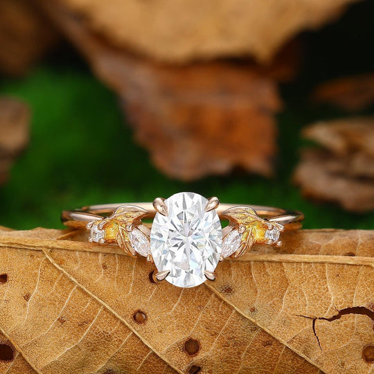 1.50CT Oval Cut Moissanite Ring Leaf Design Prong Setting Ring - Esdomera