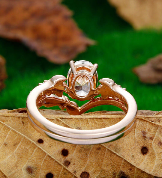 1.50CT Oval Cut Moissanite Ring Set Unique Ring Leaf Design 2pcs - Esdomera