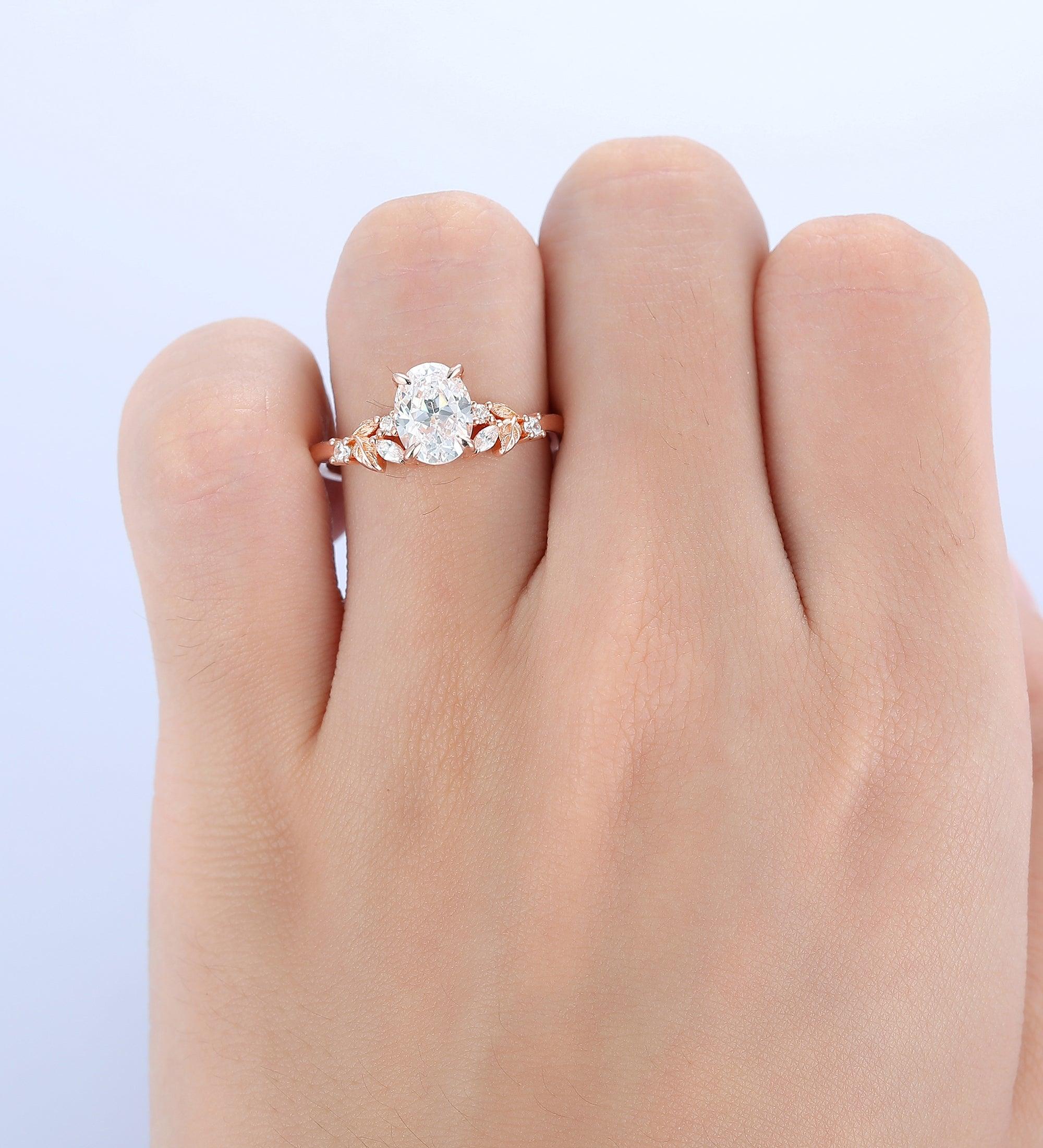 1.50CT Oval Cut Natrue Inspired Moissanite Leaf Design Ring