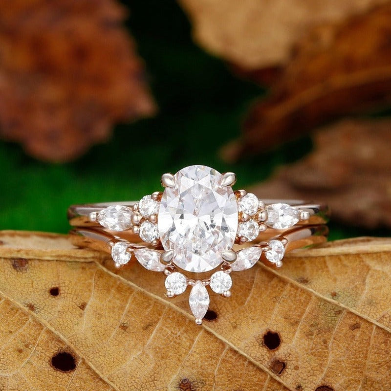 1.5Carat Moissanite Ring Set Dainty Oval Shaped Ring Marquise Cluster Wedding Bridal Set - Esdomera