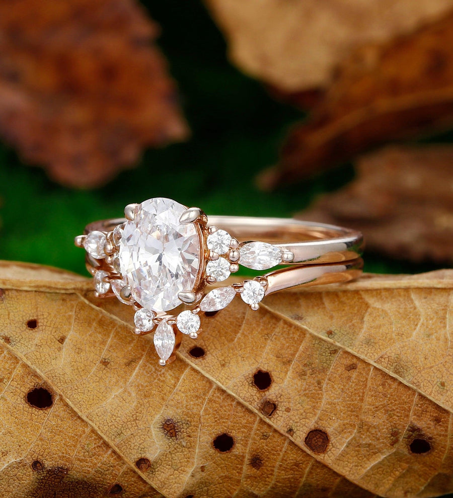 1.5Carat Moissanite Ring Set Dainty Oval Shaped Ring Marquise Cluster Wedding Bridal Set - Esdomera