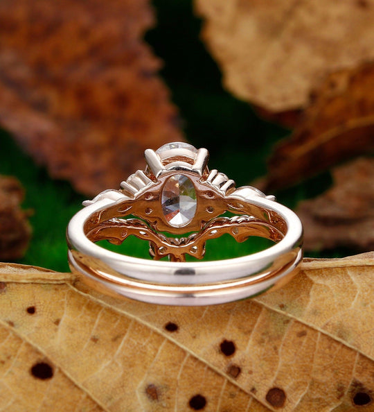 1.5Carat Moissanite Ring Set Dainty Oval Shaped Ring Marquise Cluster Wedding Bridal Set - Esdomera