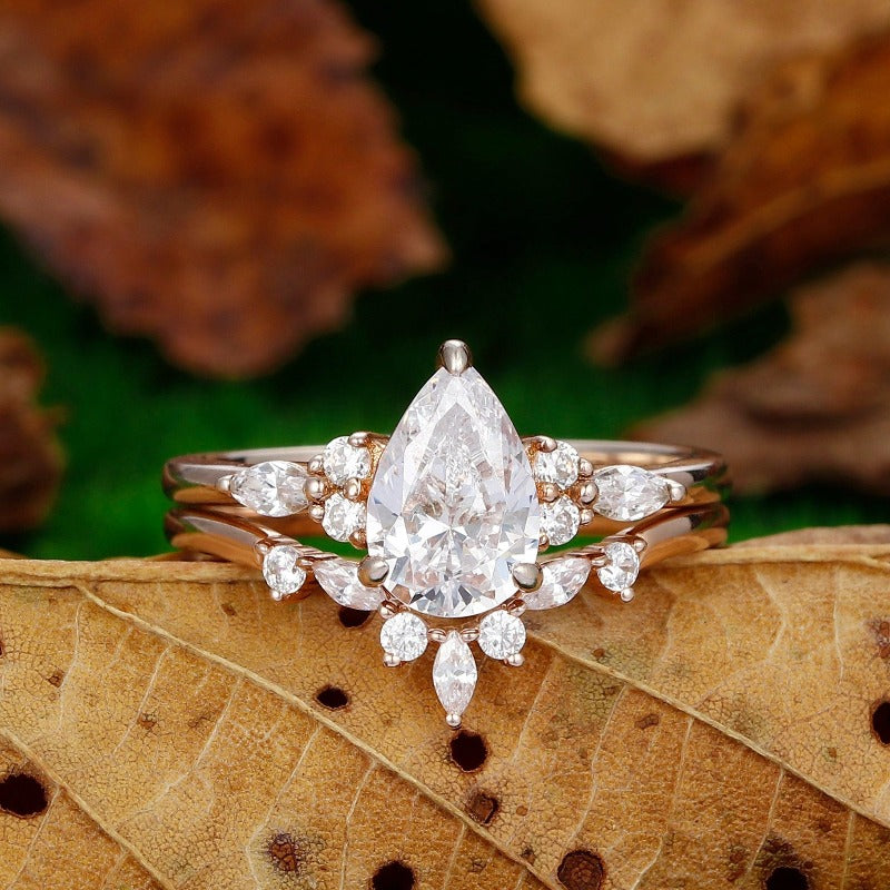 1.5Carat Pear Shaped Rose Gold 7 Stone Marquise Cluster Moissanite Engagement Ring Set - Esdomera