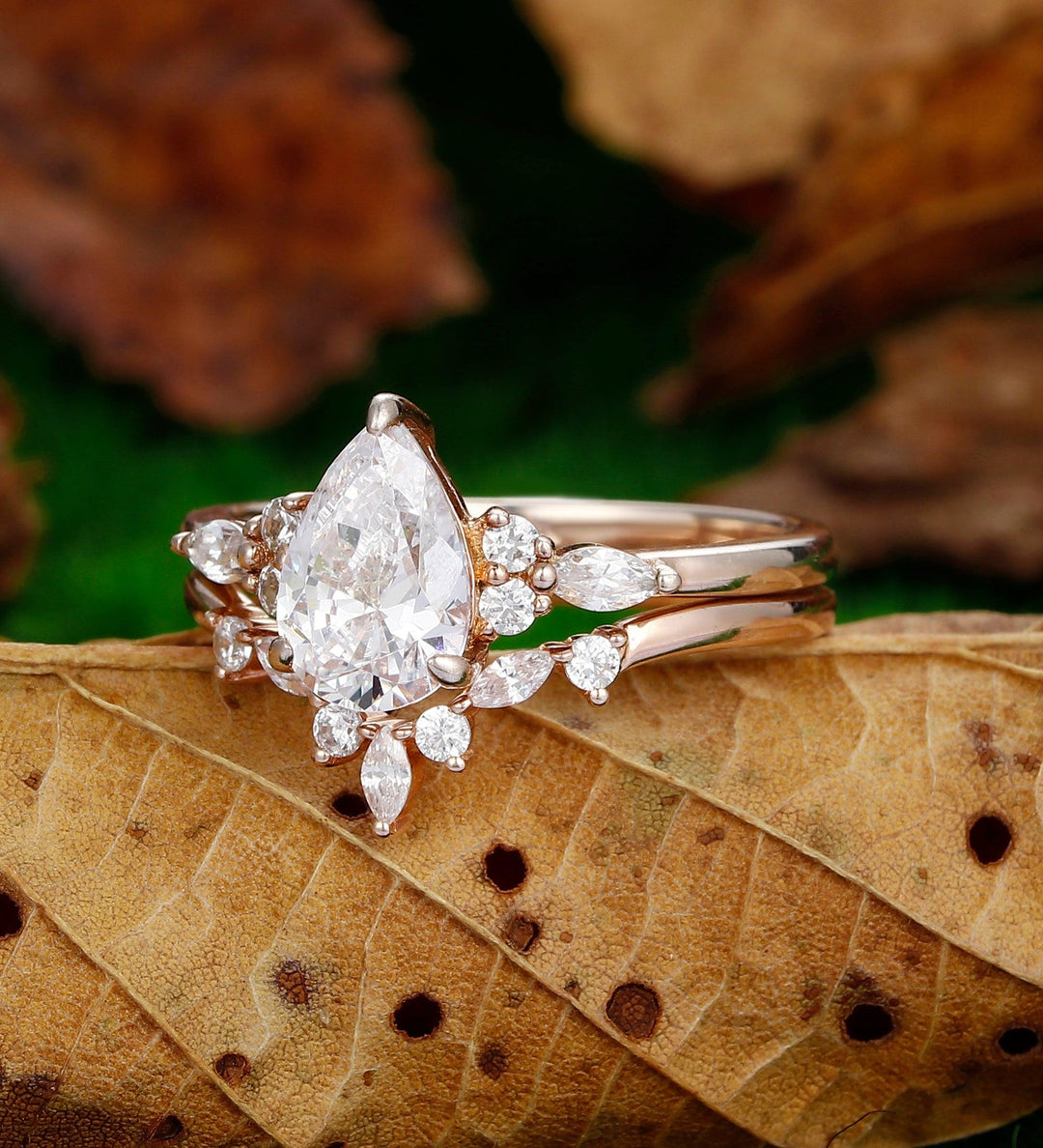 Pear Shaped Rose Gold Stone Marquise Cluster Moissanite