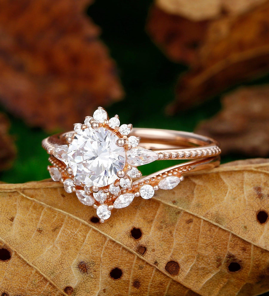 1.5Carat Round Cut Stacking Matching Milgrain Design Moissanite Bridal Ring Set - Esdomera