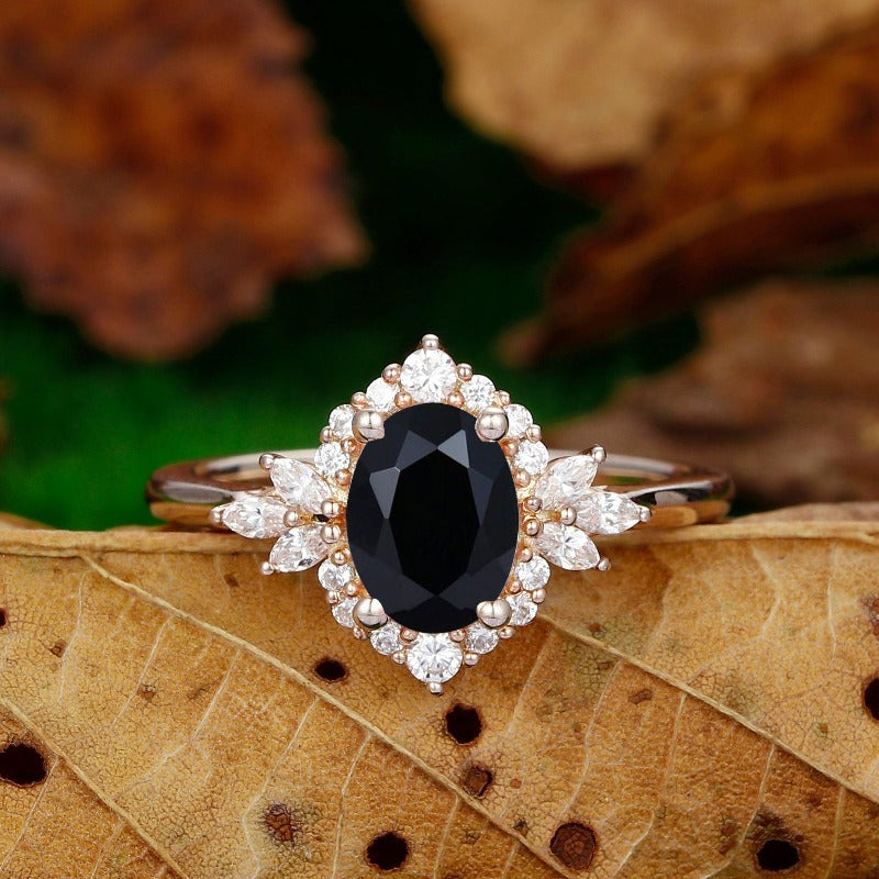 1.5CT Natural Black Onyx Engagement Ring Vintage 1.5CT Oval Shaped Onyx Wedding Ring - Esdomera