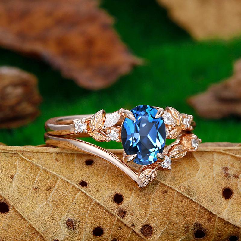 1.5CT Oval Cut London blue topaz 14k rose gold art deco leaf design ring set - Esdomera