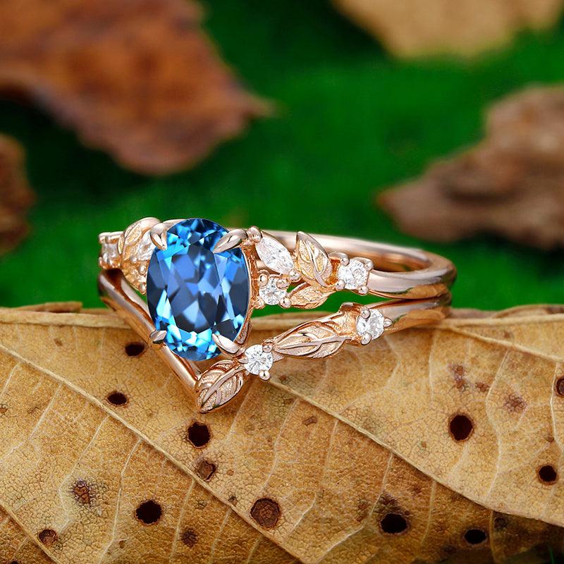 1.5CT Oval Cut London blue topaz 14k rose gold art deco leaf design ring set - Esdomera
