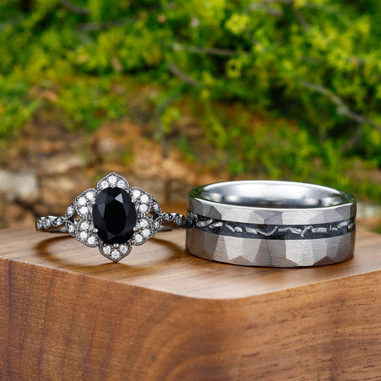 1.5CT Oval Cut Natural Black Onyx Cluster Engagement His and Hers Wedding Ring - Esdomera