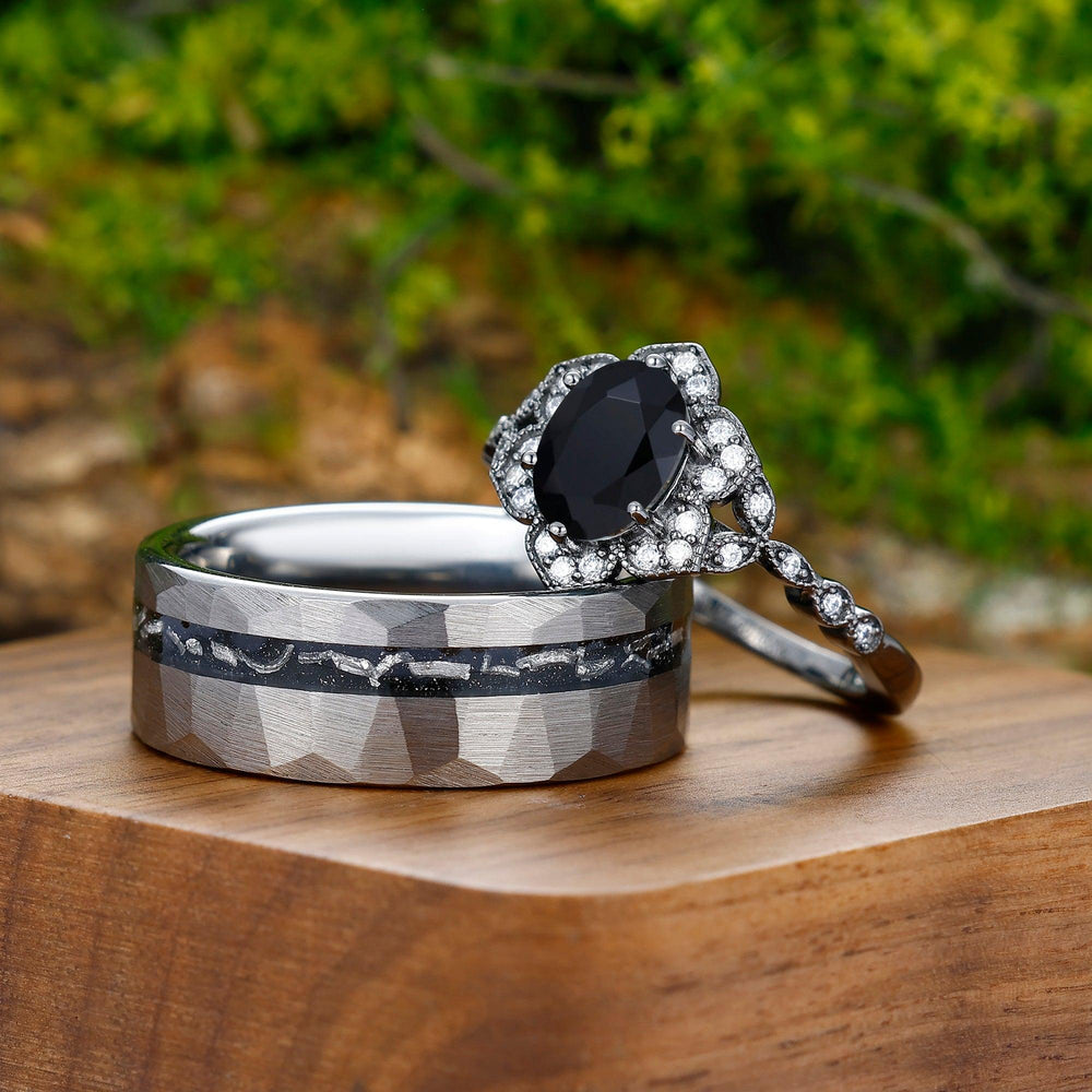 1.5CT Oval Cut Natural Black Onyx Cluster Engagement His and Hers Wedding Ring - Esdomera