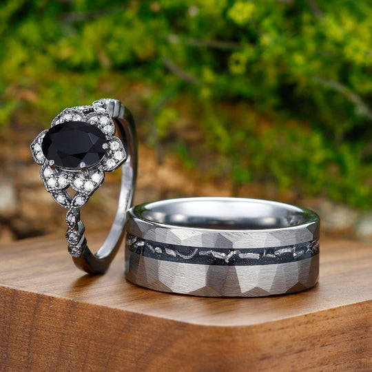 1.5CT Oval Cut Natural Black Onyx Cluster Engagement His and Hers Wedding Ring - Esdomera