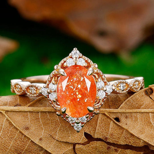 1.5CT Oval Cut Natural Sunstone Engagement Ring cluster Moissanites Inlaid Women Ring - Esdomera