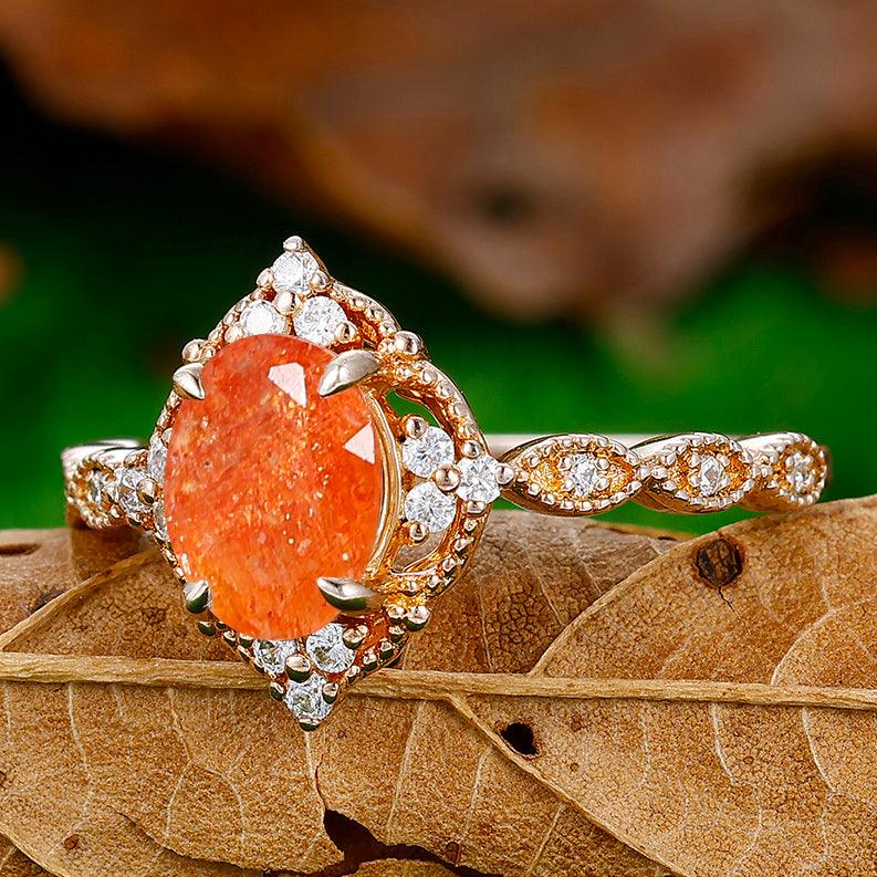 1.5CT Oval Cut Natural Sunstone Engagement Ring cluster Moissanites Inlaid Women Ring - Esdomera