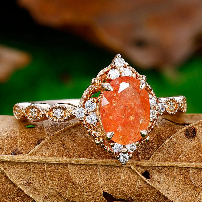 1.5CT Oval Cut Natural Sunstone Engagement Ring cluster Moissanites Inlaid Women Ring - Esdomera