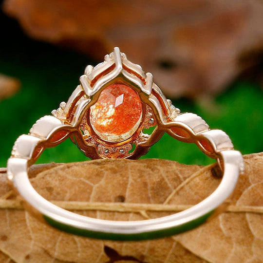 1.5CT Oval Cut Natural Sunstone Engagement Ring cluster Moissanites Inlaid Women Ring - Esdomera