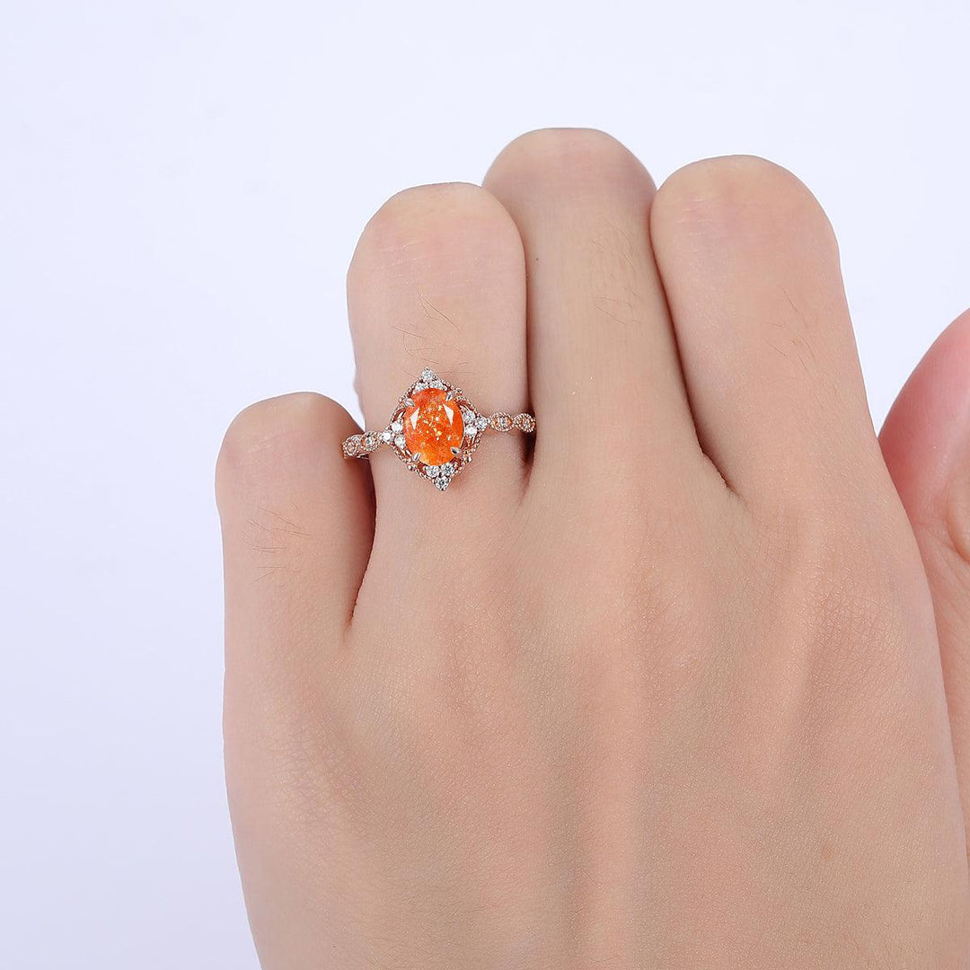 1.5CT Oval Cut Natural Sunstone Engagement Ring cluster Moissanites Inlaid Women Ring - Esdomera