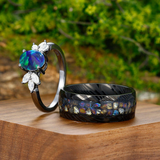 1.5CT Oval Cut Peacock Green Opal Engagement Moissanite Inlaid Couples Ring Set - Esdomera