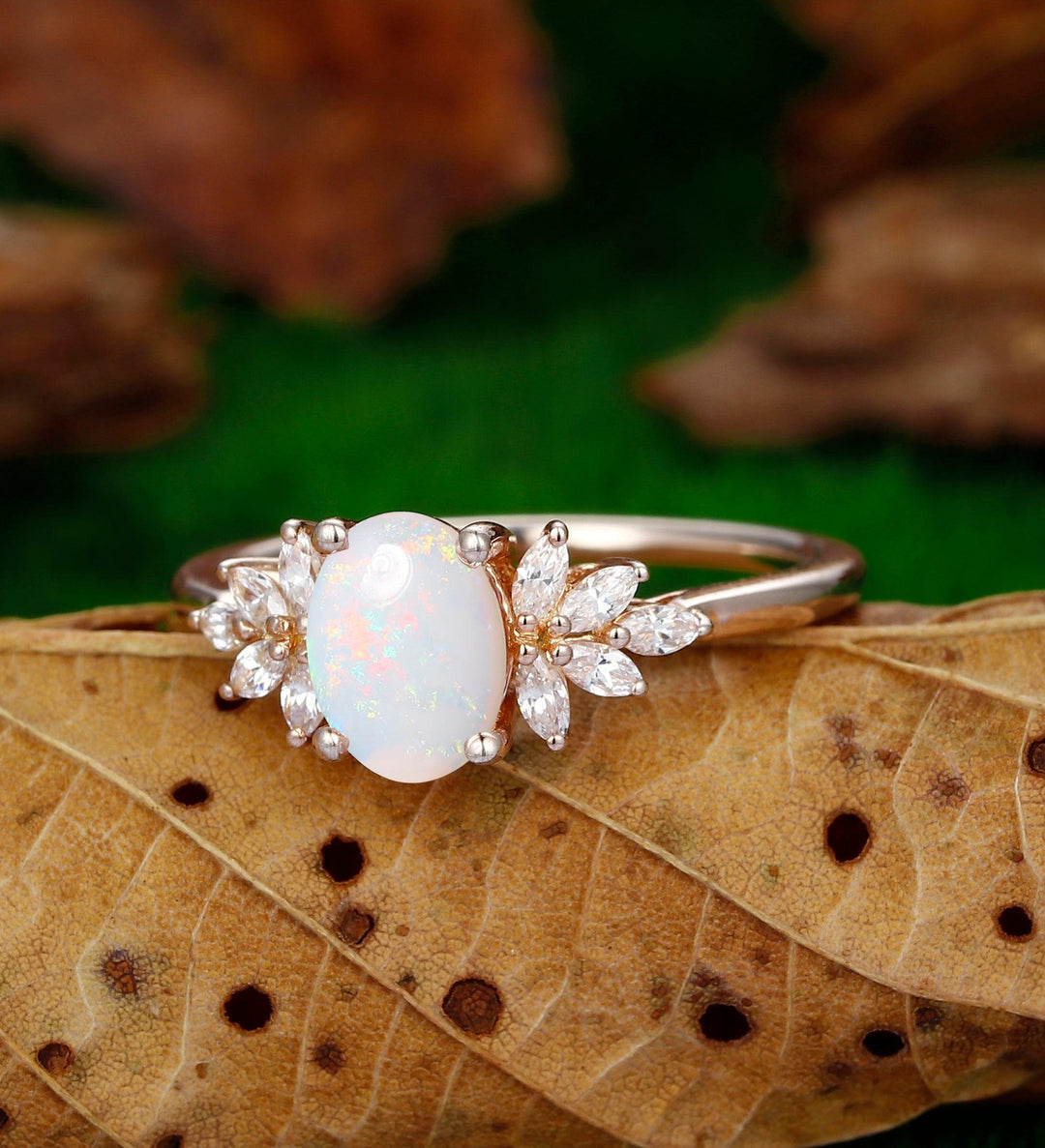 Oval cut rose gold opal 14k unique cluster engagement ring